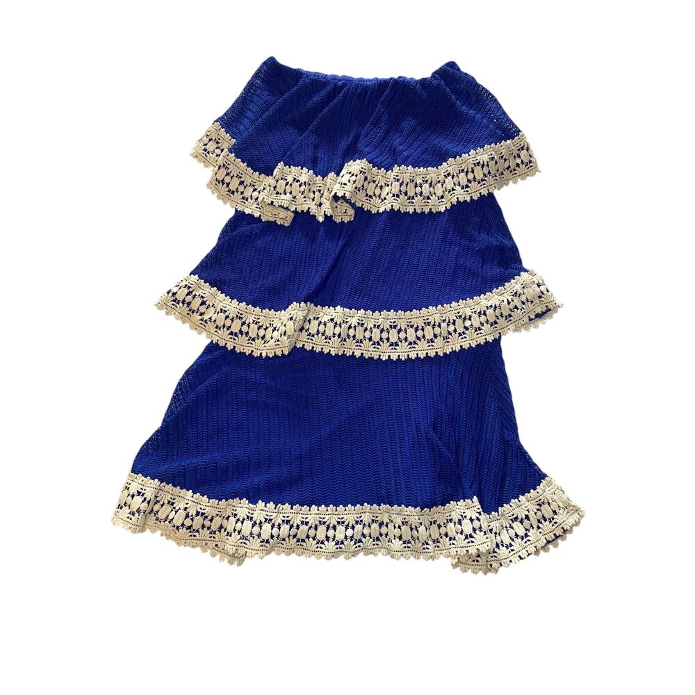 Judith March- Blue with white Crochet Lace tier skirt made in USA size Medium